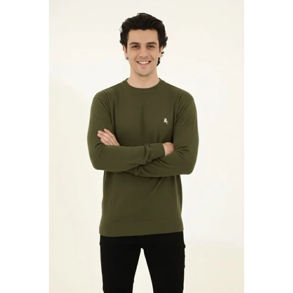 Erkek Bisiklet Yaka Nakış işlemeli Triko Kazak yumuşak dokulu Pamuklu ince Dokuma, uzun kollu Rahat Regular kalıp - Haki