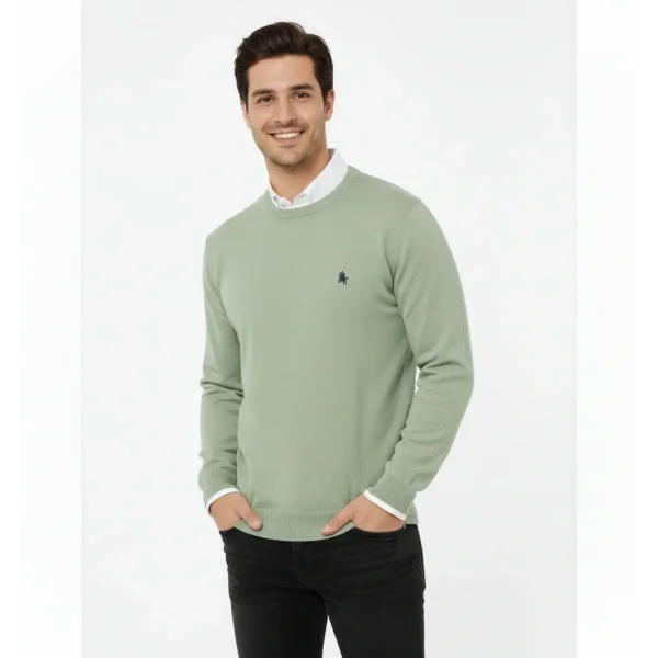 Erkek Bisiklet Yaka Nakış işlemeli Triko Kazak yumuşak dokulu Pamuklu ince Dokuma, uzun kollu Rahat Regular kalıp - Mint Yeşili