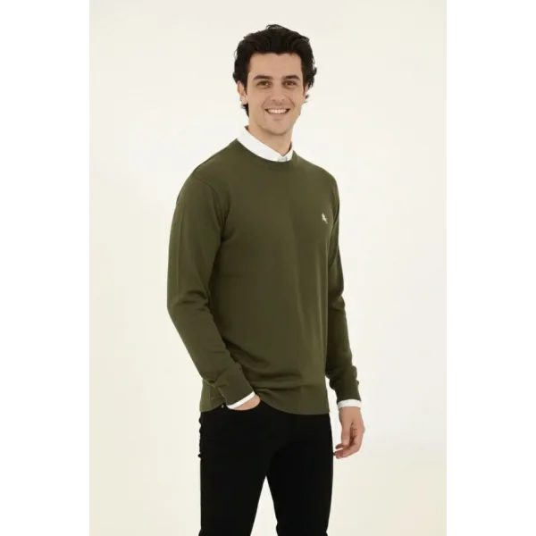 Erkek Bisiklet Yaka Nakış Işlemeli Triko Kazak Yumuşak Dokulu Pamuklu Ince Dokuma, Uzun Kollu Rahat Regular Kalıp - Haki