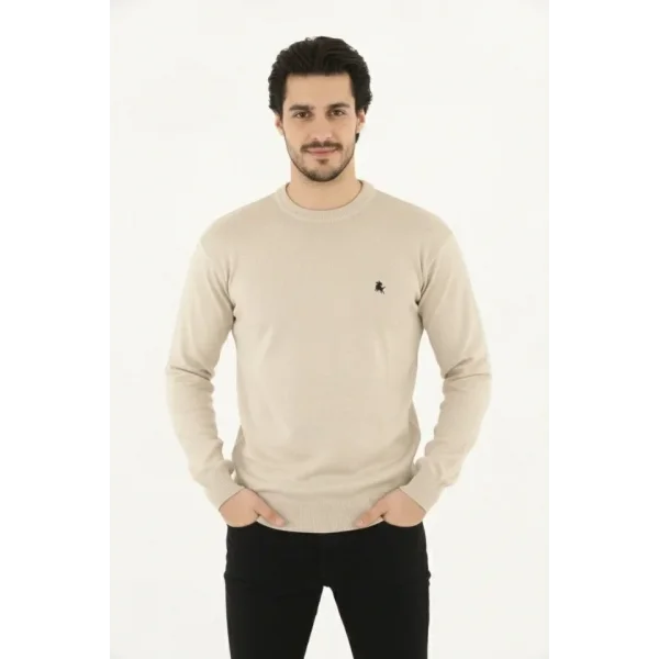 Erkek Bisiklet Yaka Nakış Işlemeli Triko Kazak Yumuşak Dokulu Pamuklu Ince Dokuma, Uzun Kollu Rahat Regular Kalıp - Bej