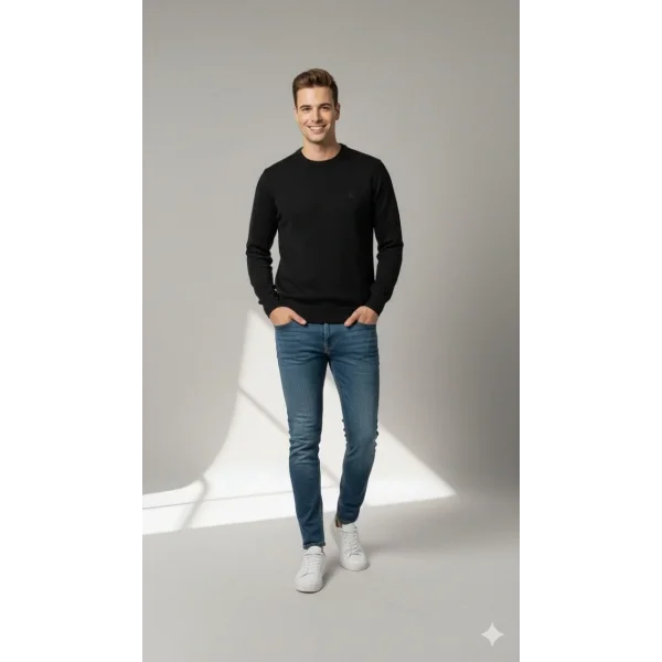 Erkek Bisiklet Yaka Nakış işlemeli Triko Kazak yumuşak dokulu Pamuklu ince Dokuma, uzun kollu Rahat Regular kalıp - Siyah