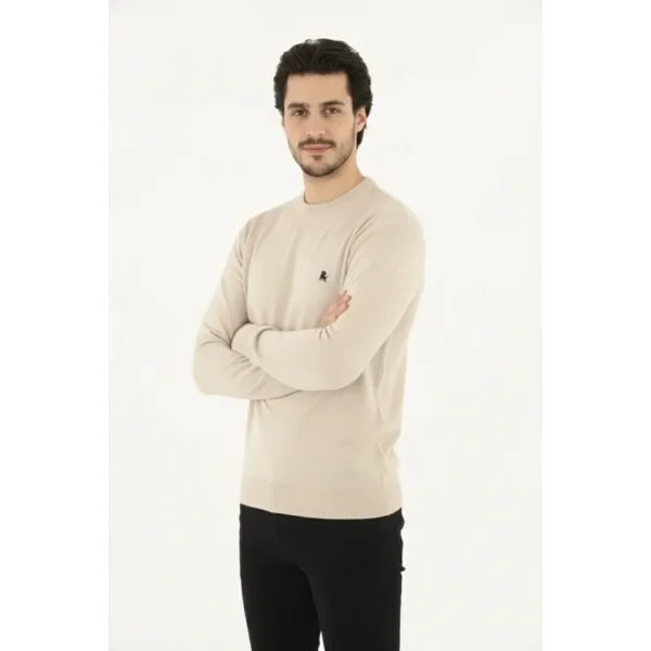 Erkek Bisiklet Yaka Nakış Işlemeli Triko Kazak Yumuşak Dokulu Pamuklu Ince Dokuma, Uzun Kollu Rahat Regular Kalıp - Bej