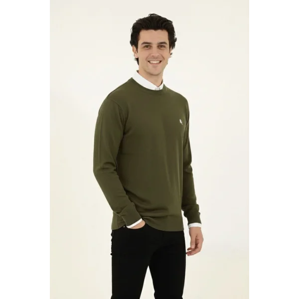 Erkek Bisiklet Yaka Nakış işlemeli Triko Kazak yumuşak dokulu Pamuklu ince Dokuma, uzun kollu Rahat Regular kalıp - Haki