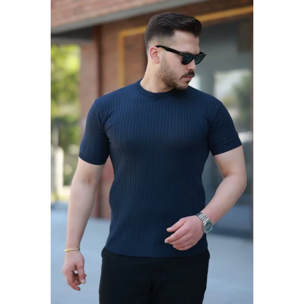 Erkek Bisiklet Yaka örgü Desenli Kısa örme Triko Kısa Kollu T-shirt