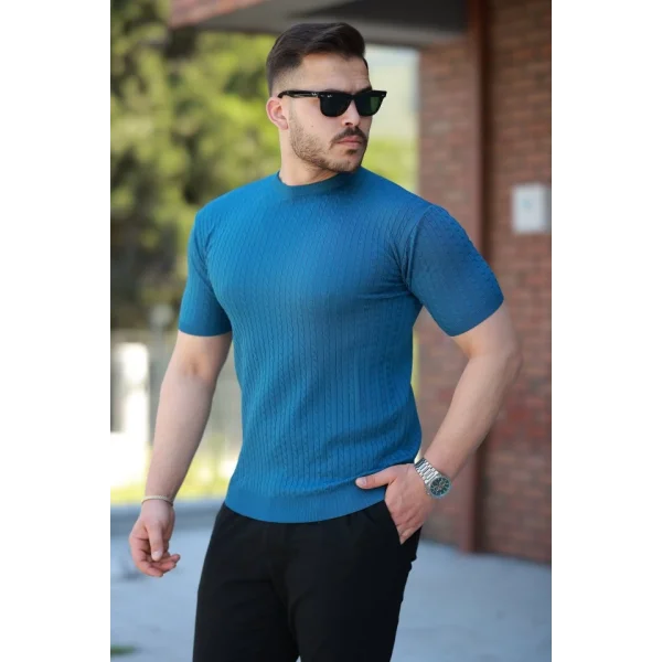 Erkek Bisiklet Yaka örgü Desenli Kısa örme Triko Kısa Kollu T-shirt