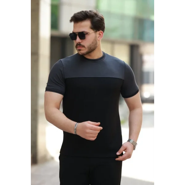 Erkek Bisiklet Yaka Parçalı Renk  Kısa Kollu Tshirt