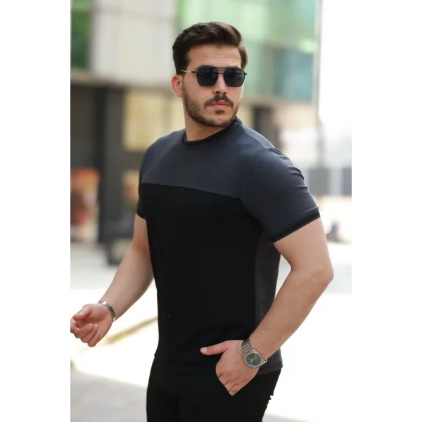 Erkek Bisiklet Yaka Parçalı Renk  Kısa Kollu Tshirt