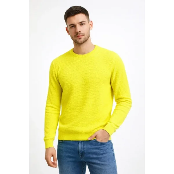 Erkek Bisiklet Yaka Petekli Dokulu Triko Kazak Pamuklu Ince Dokuma, Uzun Kollu Rahat Regular Kalıp - Sarı