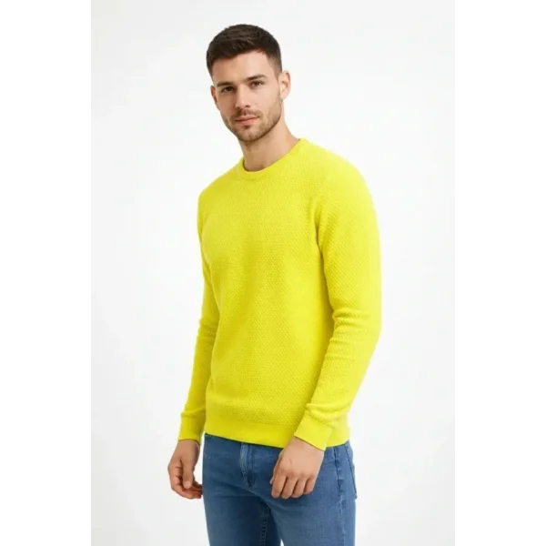 Erkek Bisiklet Yaka Petekli Dokulu Triko Kazak Pamuklu Ince Dokuma, Uzun Kollu Rahat Regular Kalıp - Sarı