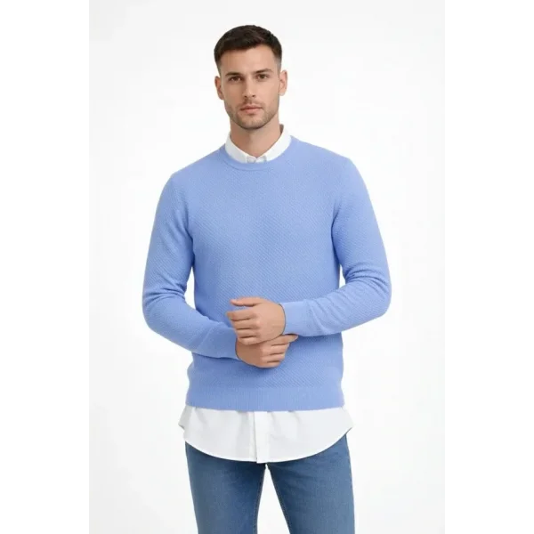 Erkek Bisiklet Yaka Petekli Dokulu Triko Kazak Pamuklu Ince Dokuma, Uzun Kollu Rahat Regular Kalıp - Mavi