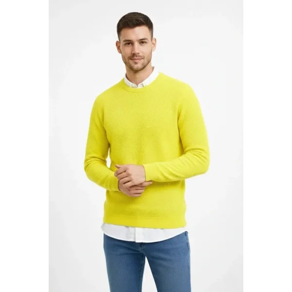 Erkek Bisiklet Yaka Petekli Dokulu Triko Kazak Pamuklu Ince Dokuma, Uzun Kollu Rahat Regular Kalıp - Sarı