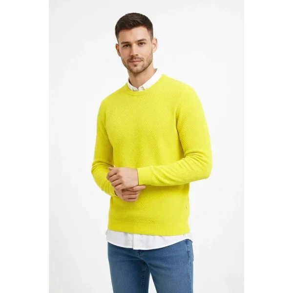 Erkek Bisiklet Yaka Petekli dokulu Triko Kazak Pamuklu ince Dokuma, uzun kollu Rahat Regular kalıp - Sarı