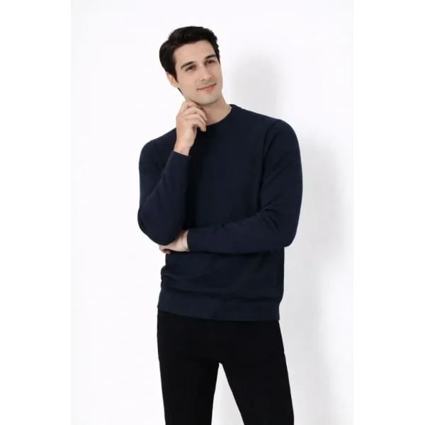 Erkek Bisiklet Yaka Triko Kazak Yumuşak Dokulu Pamuklu Ince Dokuma, Uzun Kollu Rahat Regular Kalıp - Lacivert