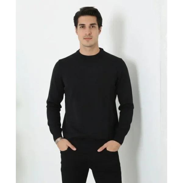 Erkek Bisiklet Yaka Triko Kazak Yumuşak Dokulu Pamuklu Ince Dokuma, Uzun Kollu Rahat Regular Kalıp - Siyah