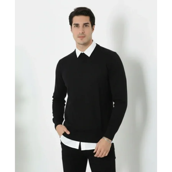 Erkek Bisiklet Yaka Triko Kazak Yumuşak Dokulu Pamuklu Ince Dokuma, Uzun Kollu Rahat Regular Kalıp - Siyah