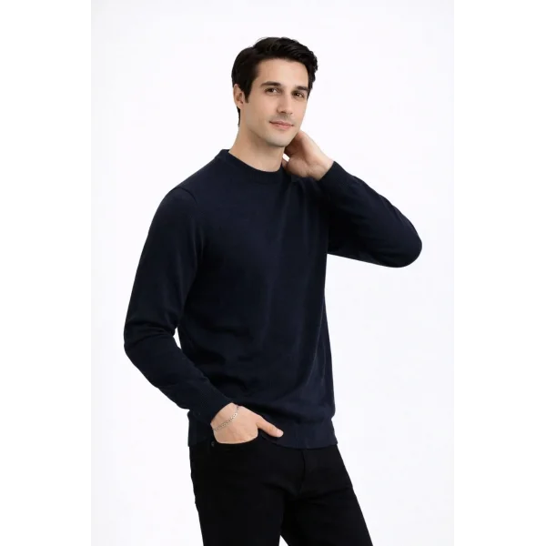 Erkek Bisiklet Yaka Triko Kazak yumuşak dokulu Pamuklu ince Dokuma, uzun kollu Rahat Regular kalıp - Lacivert