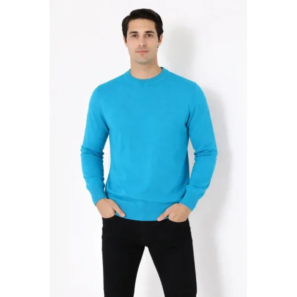 Erkek Bisiklet Yaka Triko Kazak Yumuşak Dokulu Pamuklu Ince Dokuma, Uzun Kollu Rahat Regular Kalıp - Mavi
