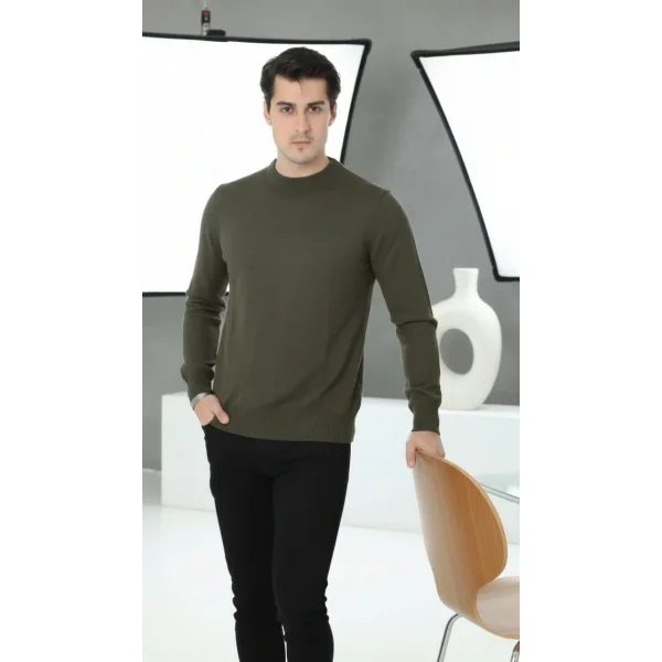 Erkek Bisiklet Yaka Triko Kazak yumuşak dokulu Pamuklu ince Dokuma, uzun kollu Rahat Regular kalıp - Haki