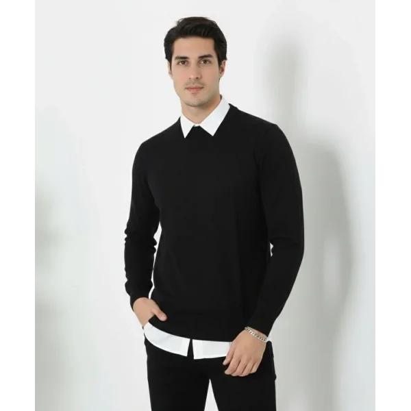 Erkek Bisiklet Yaka Triko Kazak yumuşak dokulu Pamuklu ince Dokuma, uzun kollu Rahat Regular kalıp - Siyah