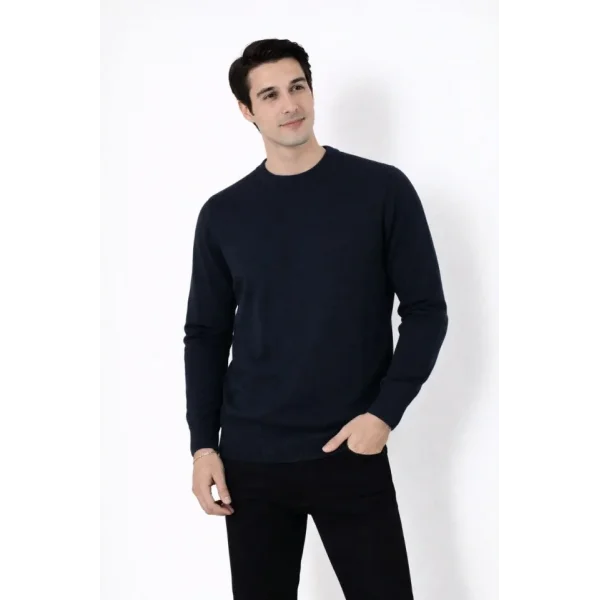 Erkek Bisiklet Yaka Triko Kazak Yumuşak Dokulu Pamuklu Ince Dokuma, Uzun Kollu Rahat Regular Kalıp - Lacivert
