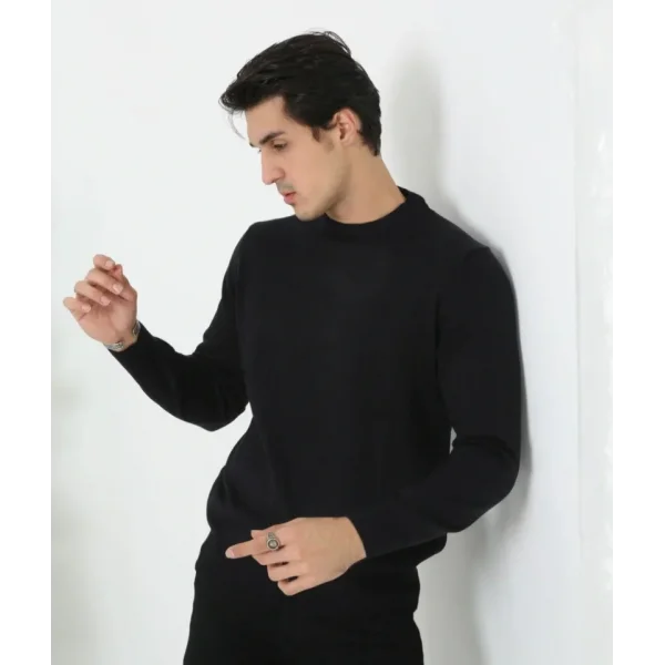 Erkek Bisiklet Yaka Triko Kazak Yumuşak Dokulu Pamuklu Ince Dokuma, Uzun Kollu Rahat Regular Kalıp - Siyah