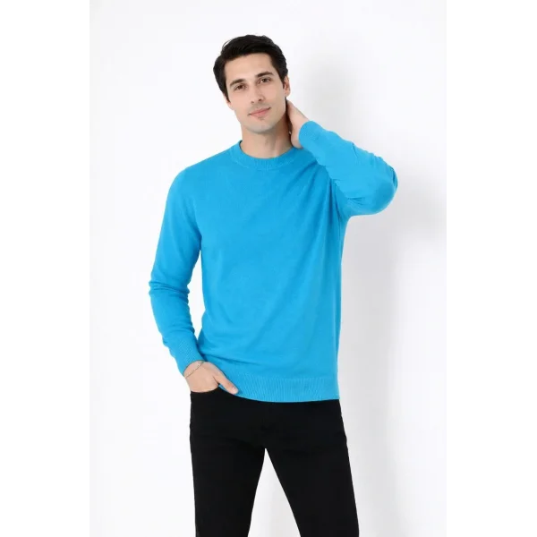 Erkek Bisiklet Yaka Triko Kazak yumuşak dokulu Pamuklu ince Dokuma, uzun kollu Rahat Regular kalıp - Mavi