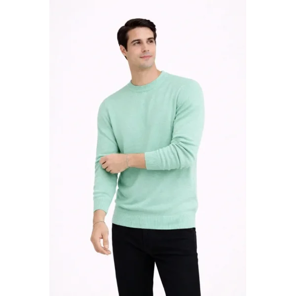 Erkek Bisiklet Yaka Triko Kazak Yumuşak Dokulu Pamuklu Ince Dokuma, Uzun Kollu Rahat Regular Kalıp - Mint Yeşili