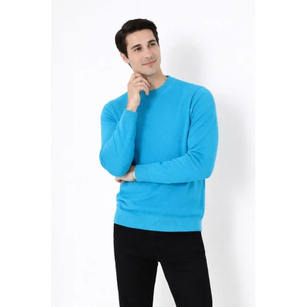 Erkek Bisiklet Yaka Triko Kazak yumuşak dokulu Pamuklu ince Dokuma, uzun kollu Rahat Regular kalıp - Mavi