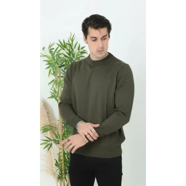 Erkek Bisiklet Yaka Triko Kazak Yumuşak Dokulu Pamuklu Ince Dokuma, Uzun Kollu Rahat Regular Kalıp - Haki