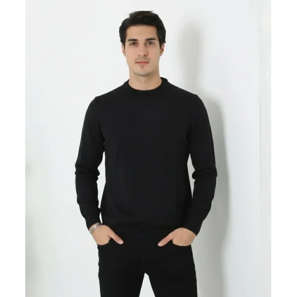 Erkek Bisiklet Yaka Triko Kazak yumuşak dokulu Pamuklu ince Dokuma, uzun kollu Rahat Regular kalıp - Siyah