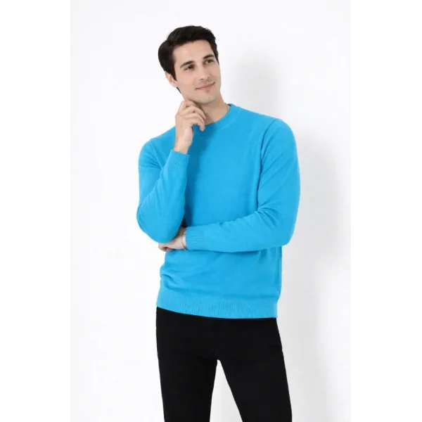 Erkek Bisiklet Yaka Triko Kazak Yumuşak Dokulu Pamuklu Ince Dokuma, Uzun Kollu Rahat Regular Kalıp - Mavi