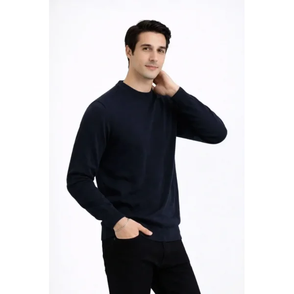 Erkek Bisiklet Yaka Triko Kazak Yumuşak Dokulu Pamuklu Ince Dokuma, Uzun Kollu Rahat Regular Kalıp - Lacivert
