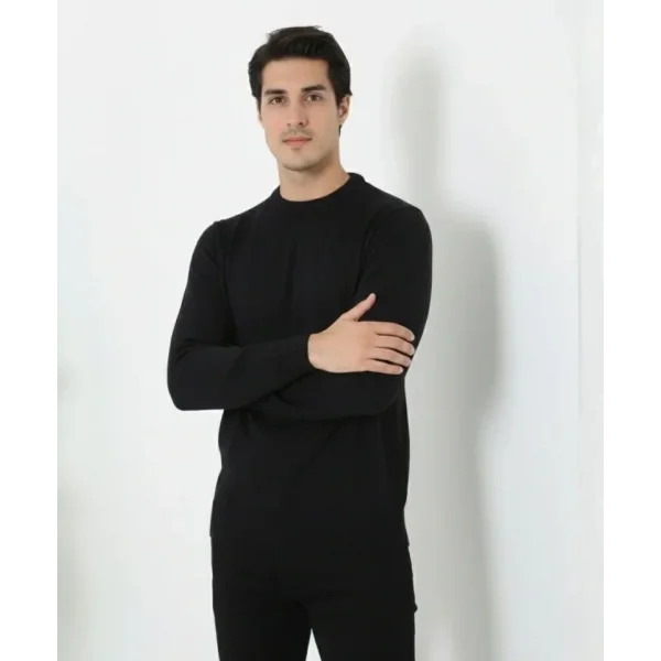 Erkek Bisiklet Yaka Triko Kazak Yumuşak Dokulu Pamuklu Ince Dokuma, Uzun Kollu Rahat Regular Kalıp - Siyah