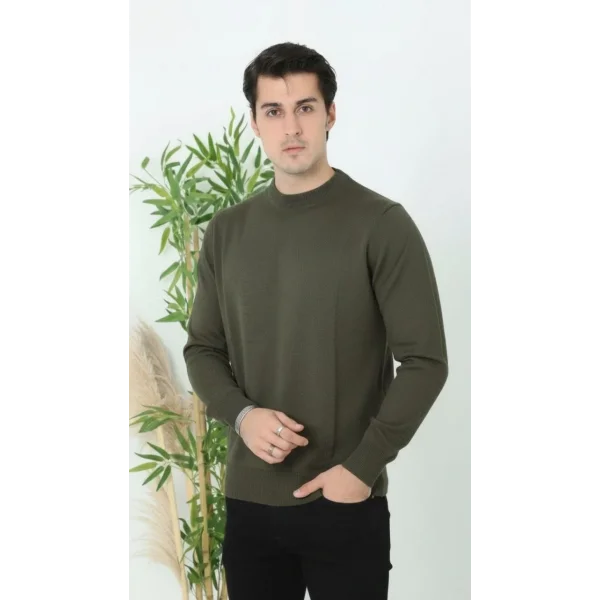 Erkek Bisiklet Yaka Triko Kazak yumuşak dokulu Pamuklu ince Dokuma, uzun kollu Rahat Regular kalıp - Haki