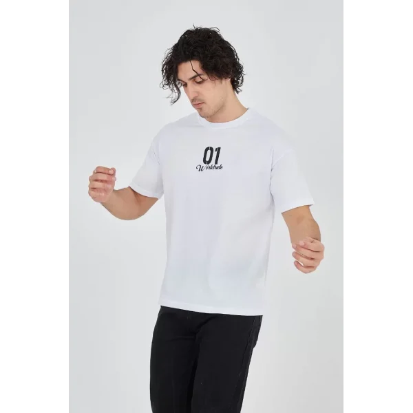 Erkek Bisiklet Yakalı Baskılı T-Shirt - Beyaz