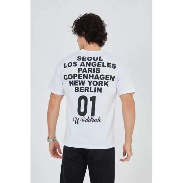 Erkek Bisiklet Yakalı Baskılı T-Shirt - Beyaz