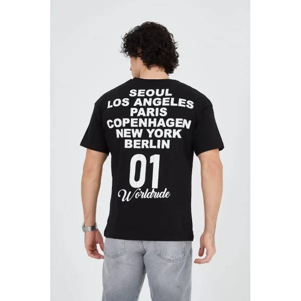 Erkek Bisiklet Yakalı Baskılı T-Shirt - Siyah