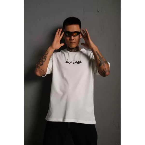 Erkek Bisiklet Yakalı Sırt Baskılı Oversize T-Shirt - Beyaz