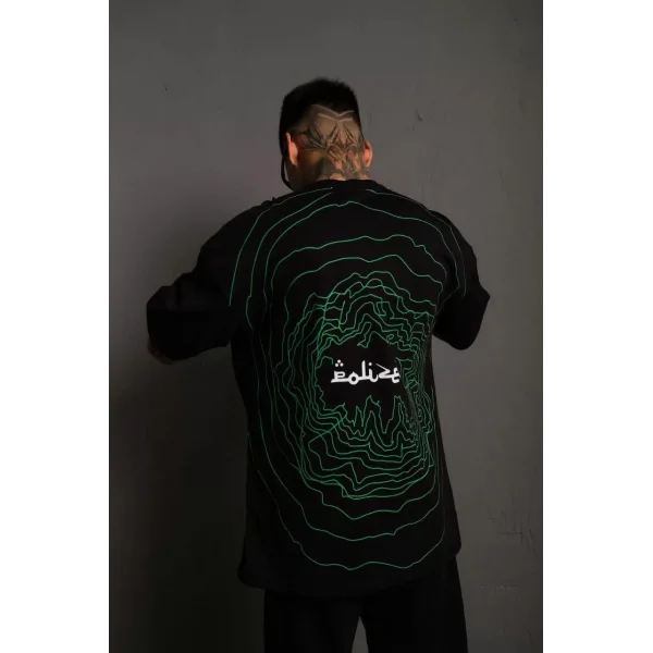 Erkek Bisiklet Yakalı Sırt Baskılı Oversize T-Shirt - Siyah