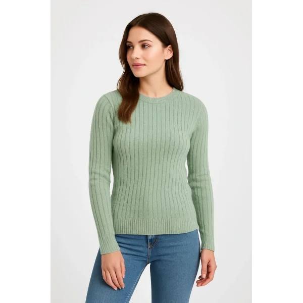 Erkek Bisiklet Yuvarlak Yaka Triko Kazak Pamuklu Kalın Fitilli Dokuma, Regular Fit Uzun Kollu Kışlık Model - Mint Yeşili