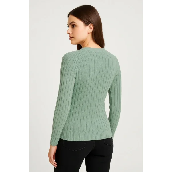 Erkek Bisiklet Yuvarlak Yaka Triko Kazak Pamuklu Kalın Fitilli Dokuma, Regular Fit Uzun Kollu Kışlık Model - Mint Yeşili