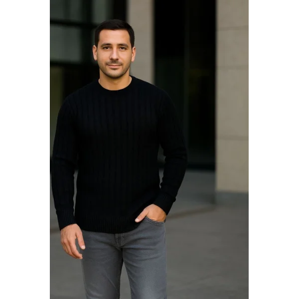 Erkek Bisiklet Yuvarlak Yaka Triko Kazak Pamuklu Kalın Fitilli Dokuma, Regular Fit Uzun Kollu Kışlık Model - Siyah