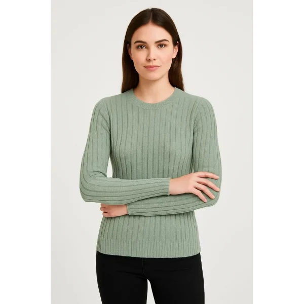 Erkek Bisiklet Yuvarlak Yaka Triko Kazak Pamuklu Kalın Fitilli Dokuma, Regular Fit Uzun Kollu Kışlık Model - Mint Yeşili