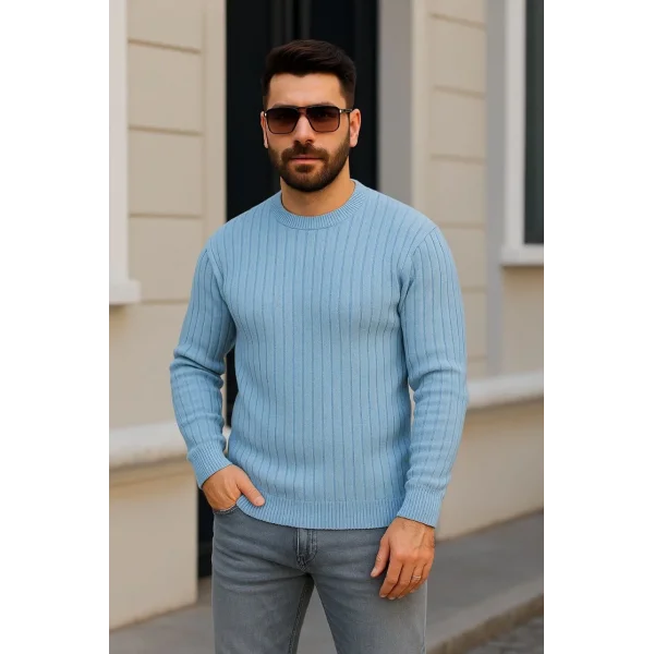 Erkek Bisiklet Yuvarlak Yaka Triko Kazak Pamuklu Kalın Fitilli Dokuma, Regular Fit Uzun Kollu Kışlık Model - Bebe Mavisi