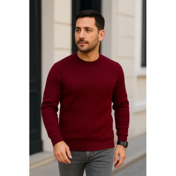 Erkek Bisiklet Yuvarlak Yaka Triko Kazak Pamuklu Kalın Fitilli Dokuma, Regular Fit Uzun Kollu Kışlık Model - Bordo