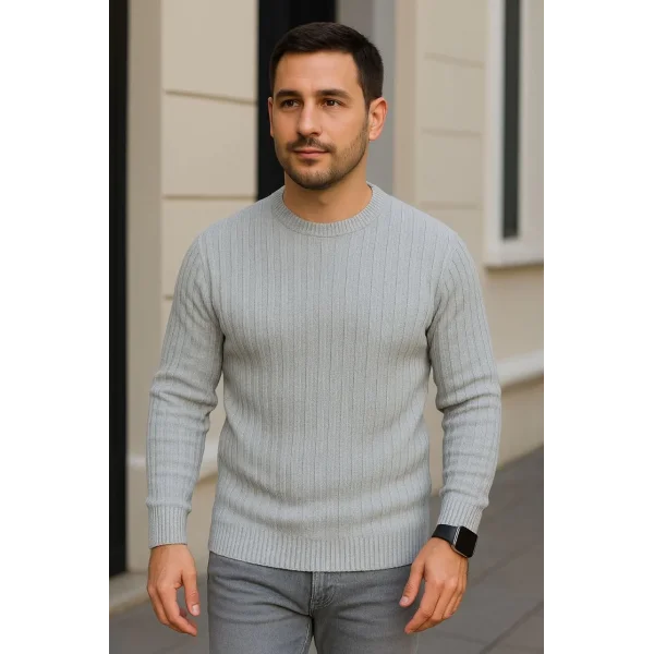 Erkek Bisiklet Yuvarlak Yaka Triko Kazak Pamuklu Kalın Fitilli Dokuma, Regular Fit Uzun Kollu Kışlık Model - Gri