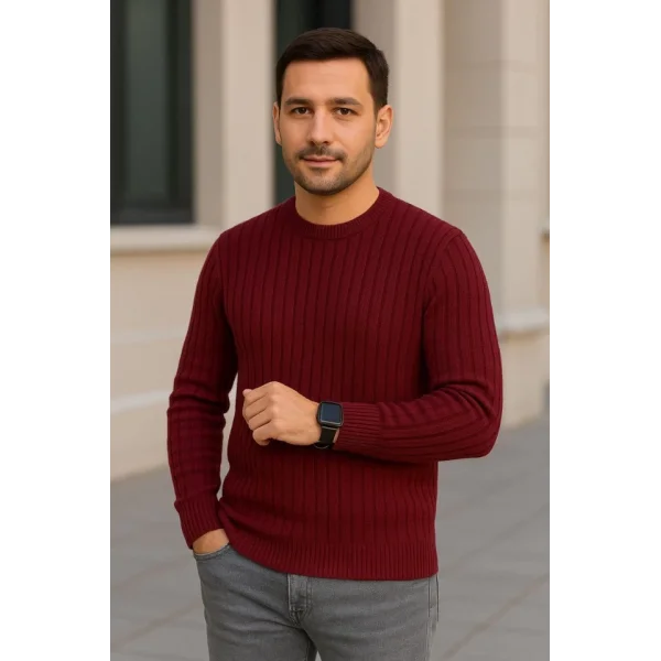 Erkek Bisiklet Yuvarlak Yaka Triko Kazak Pamuklu Kalın Fitilli Dokuma, Regular Fit Uzun Kollu Kışlık Model - Bordo