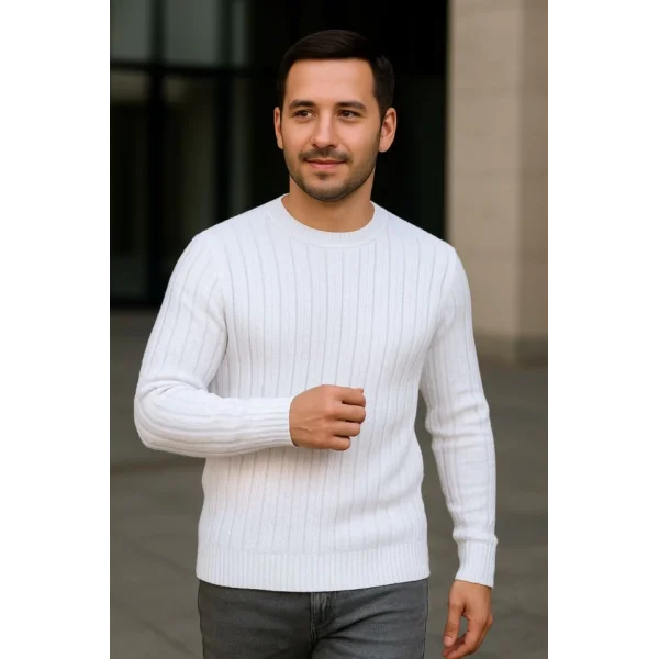 Erkek Bisiklet Yuvarlak Yaka Triko Kazak Pamuklu Kalın Fitilli Dokuma, Regular Fit Uzun Kollu Kışlık Model - Beyaz