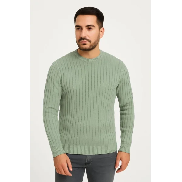 Erkek Bisiklet Yuvarlak Yaka Triko Kazak Pamuklu Kalın Fitilli Dokuma, Regular Fit Uzun Kollu Kışlık Model - Mint Yeşili