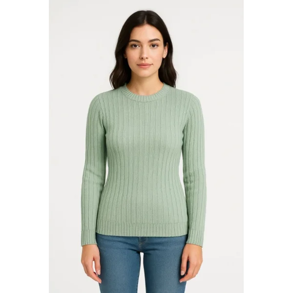 Erkek Bisiklet Yuvarlak Yaka Triko Kazak Pamuklu Kalın Fitilli Dokuma, Regular Fit Uzun Kollu Kışlık Model - Mint Yeşili